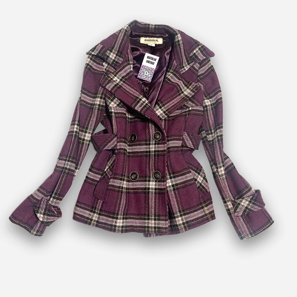 Y2K Hydraulic Purple plaid peacoat jacket size L - Picture 1 of 5